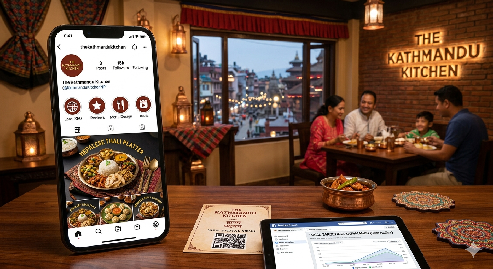 A smartphone displaying a business Instagram profile with highlights for Local SEO and menu design next to a tablet showing local marketing targeting, set inside a traditional Nepali restaurant where a family is dining.